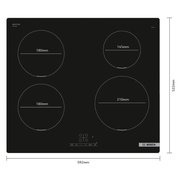 Black Bosch induction cooktop, 4 zones, 592mm x 522mm, control panel at bottom, brand logo at bottom right.