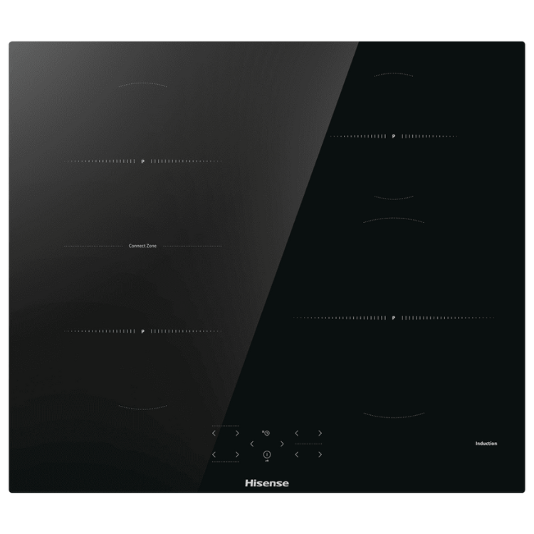 Black Hisense induction cooktop, 4 zones, 60cm, control panel at bottom.