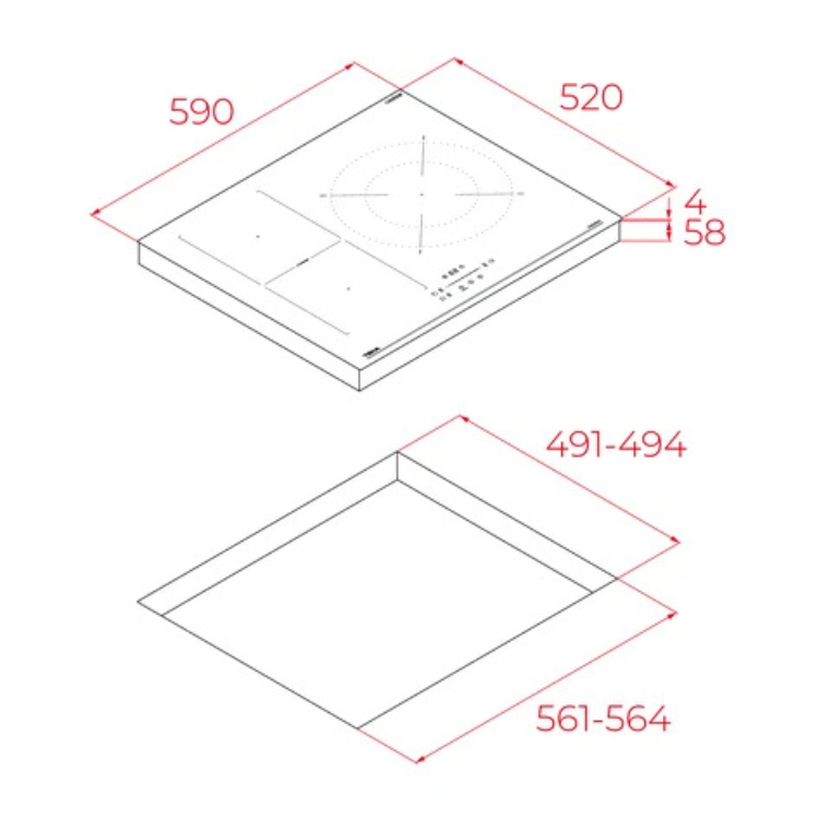 Teka IZC64010MSSBK induction hob, 3 zones, 60cm, black, dimensions: 590x520mm, 4mm thickness.