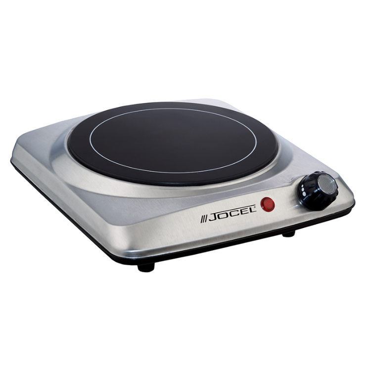 Jocel single-zone electric hot plate, silver and black, with control knob and red indicator light.