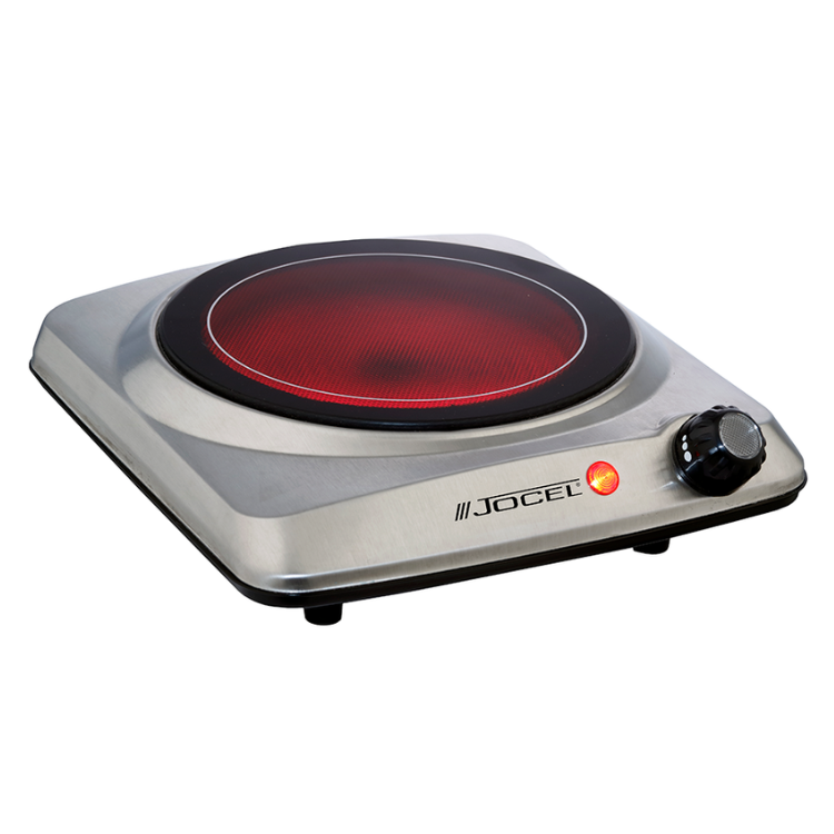 Jocel single-zone 1200W portable electric hot plate, silver, red heating element.
