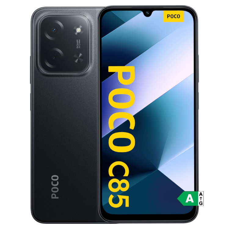 Smartphone POCO C85 preto, 8GB/256GB, Dual Sim, câmara dupla e ecrã colorido.