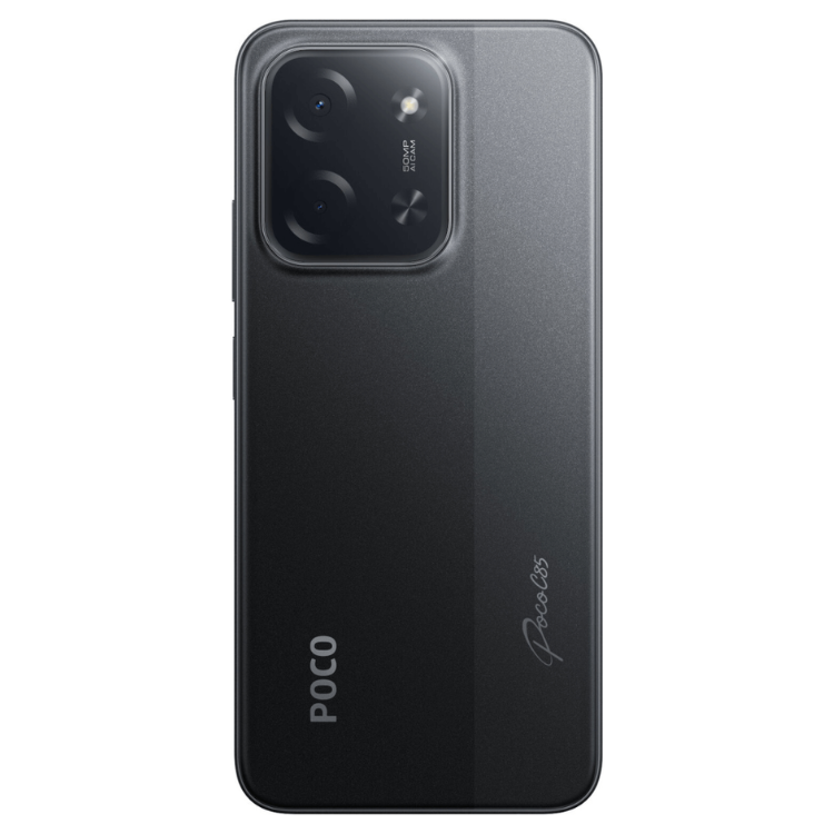 Smartphone POCO C85 preto, 6GB/128GB, câmara tripla, logótipo POCO e modelo C85 na parte traseira.
