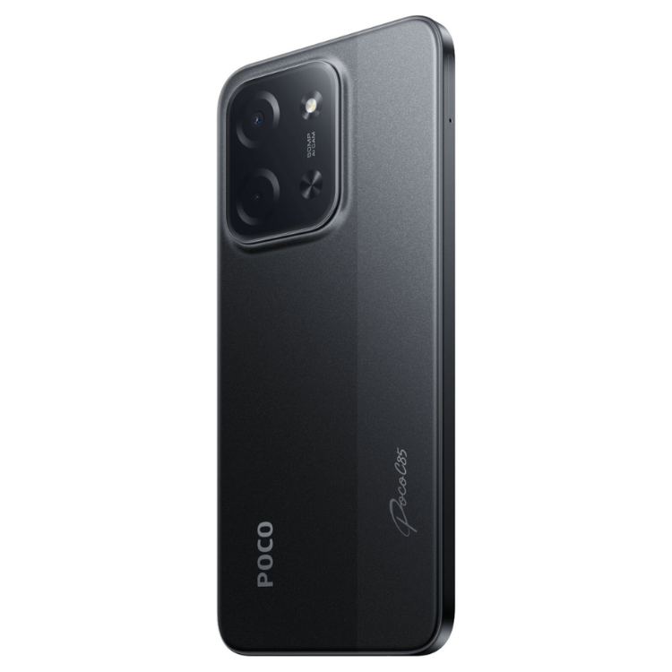 Smartphone POCO C85 preto, 6GB/128GB, câmara tripla, logótipo POCO e modelo C85 na parte de trás.