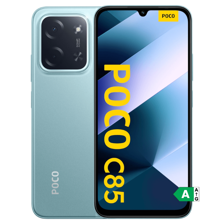 Smartphone POCO C85 verde, com câmara tripla e ecrã colorido.