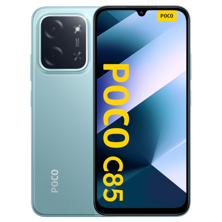 Smartphone POCO C85 verde, com câmara tripla e ecrã colorido.