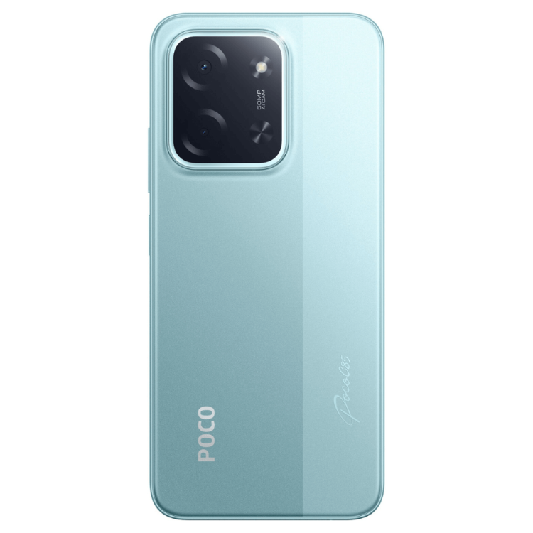 Smartphone POCO C85 verde, com câmera tripla e logotipo POCO na parte inferior esquerda.