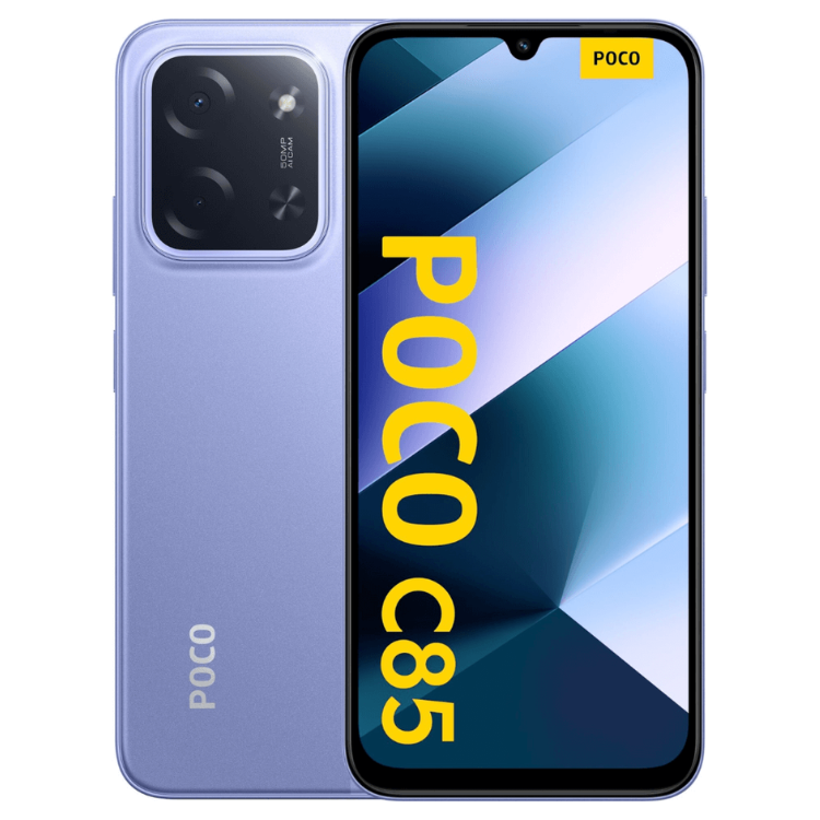 Smartphone POCO C85 roxo com 6GB/128GB, câmara dupla e ecrã colorido.