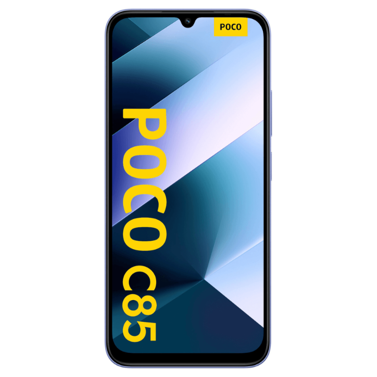 Smartphone POCO C85 roxo com ecrã colorido e logótipo POCO a amarelo