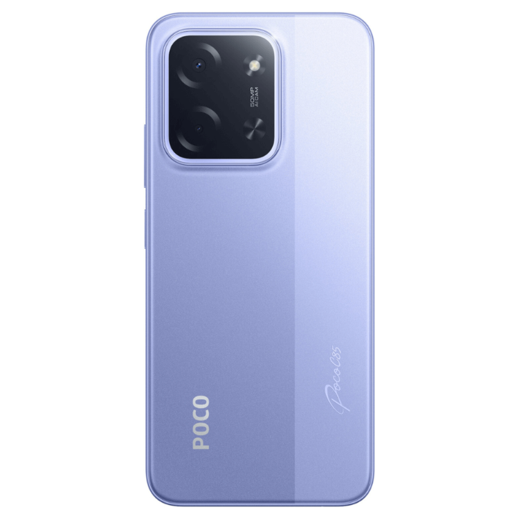 Smartphone POCO C85 roxo com 6GB/128GB, câmara tripla e design moderno.