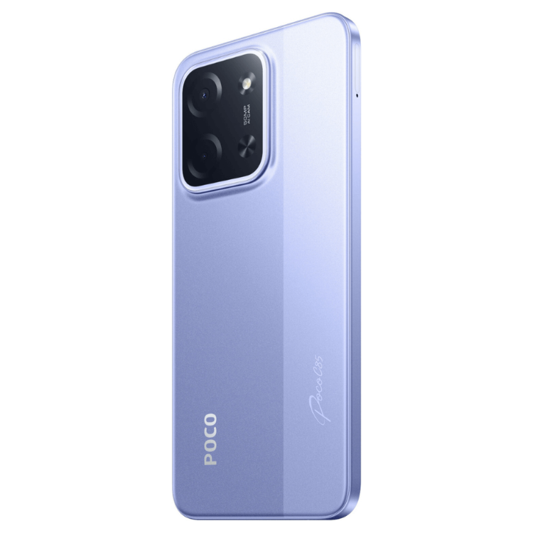 Smartphone POCO C85 roxo com 6GB/128GB, câmara tripla e design moderno.