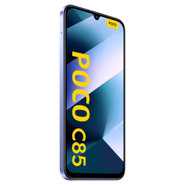Smartphone POCO C85 roxo com ecrã colorido e logótipo POCO no canto superior direito