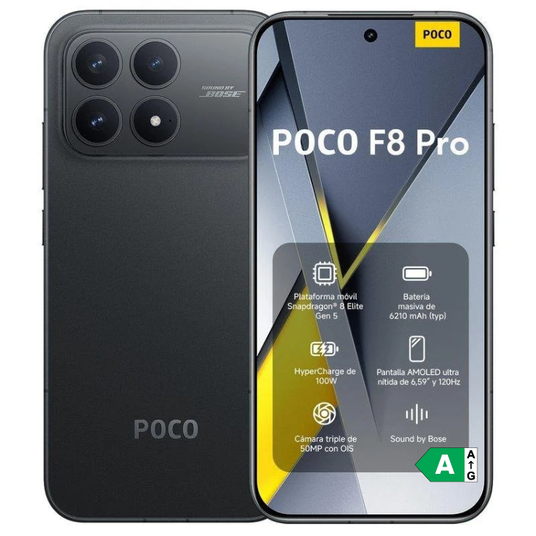 Smartphone POCO F8 Pro 5G preto,  câmera tripla e ecrã com características técnicas.