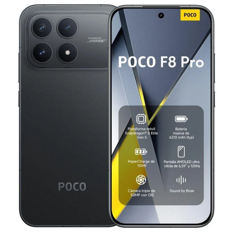 Smartphone POCO F8 Pro 5G preto,  câmera tripla e ecrã com características técnicas.