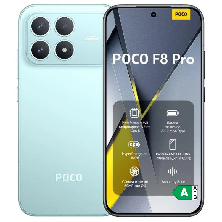 Smartphone POCO F8 Pro 5G azul, com câmara tripla e ecrã AMOLED.