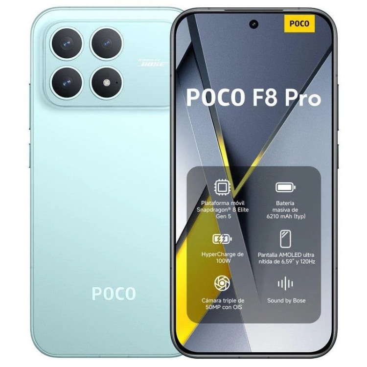 Smartphone POCO F8 Pro 5G, azul,  câmaras triplas, ecrã AMOLED de 6.59 polegadas.