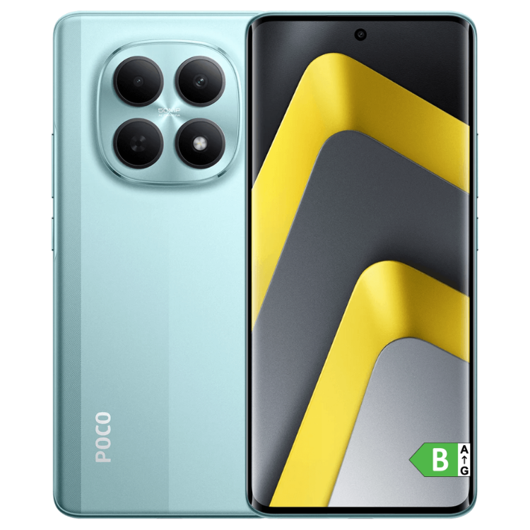 Smartphone Poco M8 5G verde, câmara quádrupla e ecrã com imagem amarela e cinza.
