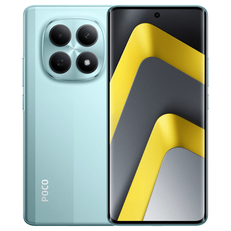 Smartphone POCO M8 5G verde, com quatro câmeras e ecrã com imagem amarela.