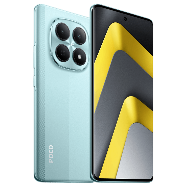 Smartphone Poco M8 5G verde, com quatro câmeras e ecrã com imagem amarela e cinza.