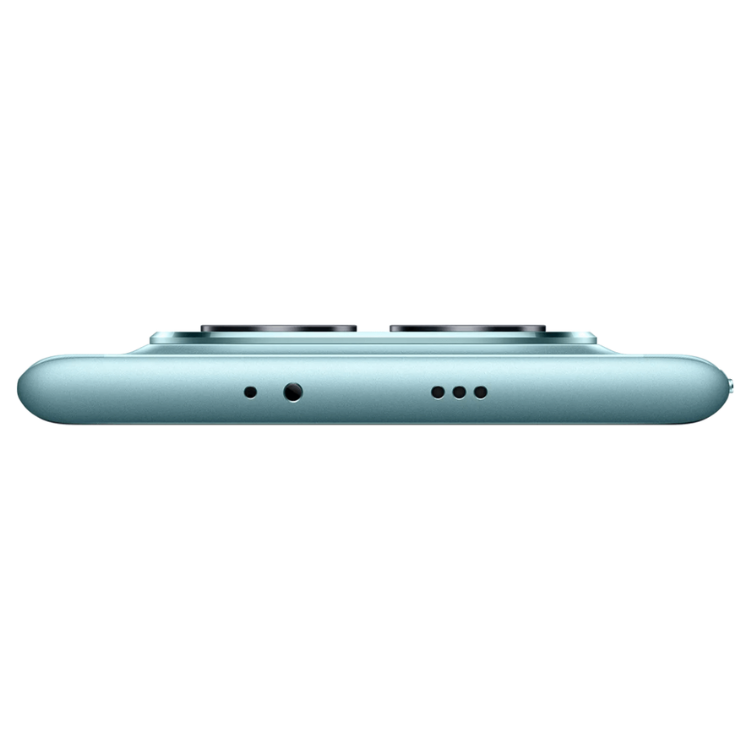 Smartphone Poco M8 5G verde, lado inferior com câmaras e entradas.