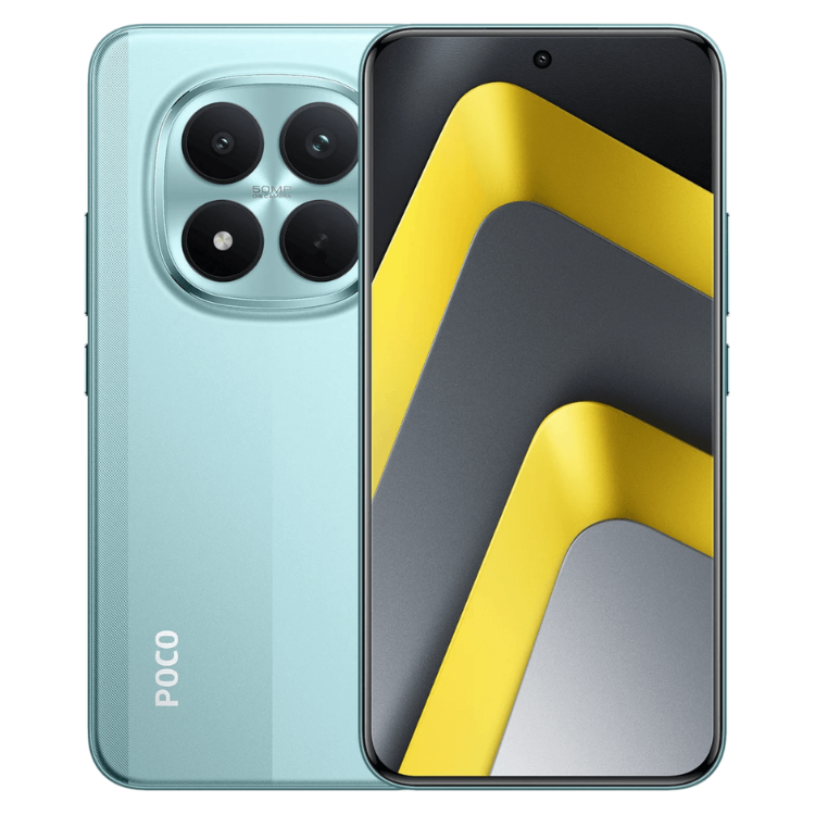 Smartphone Poco M8 Pro 5G verde, com 4 câmeras na parte traseira e ecrã com imagem decorativa.