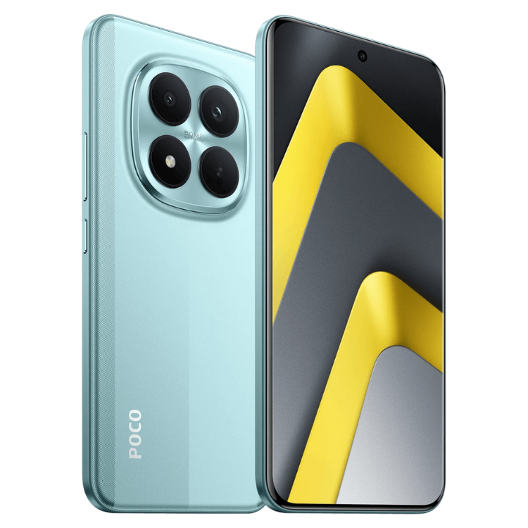 Smartphone POCO M8 Pro 5G verde, com 4 câmeras na parte de trás e ecrã com imagem amarela e cinza.