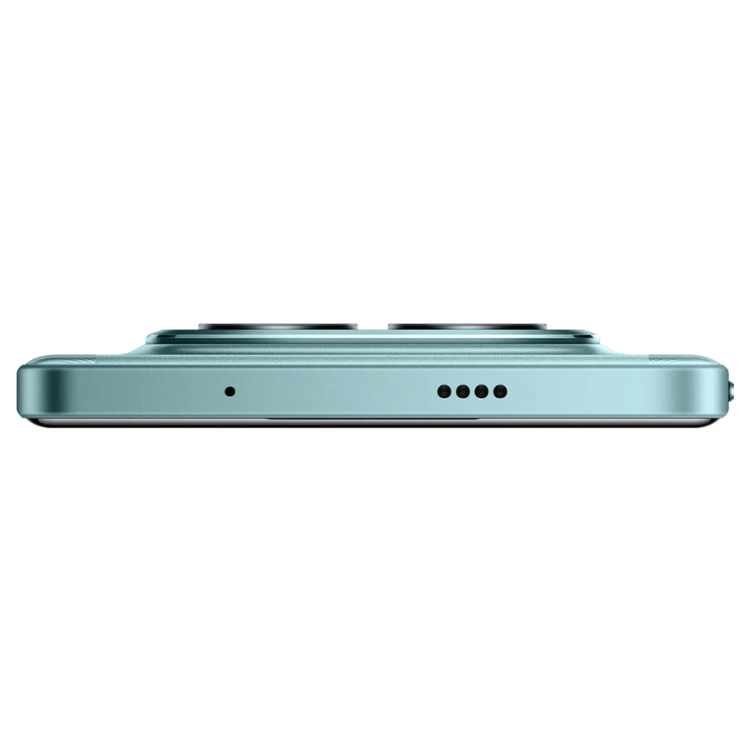 Smartphone Poco M8 Pro 5G verde, lado inferior com câmaras e furos para microfone e altifalantes.