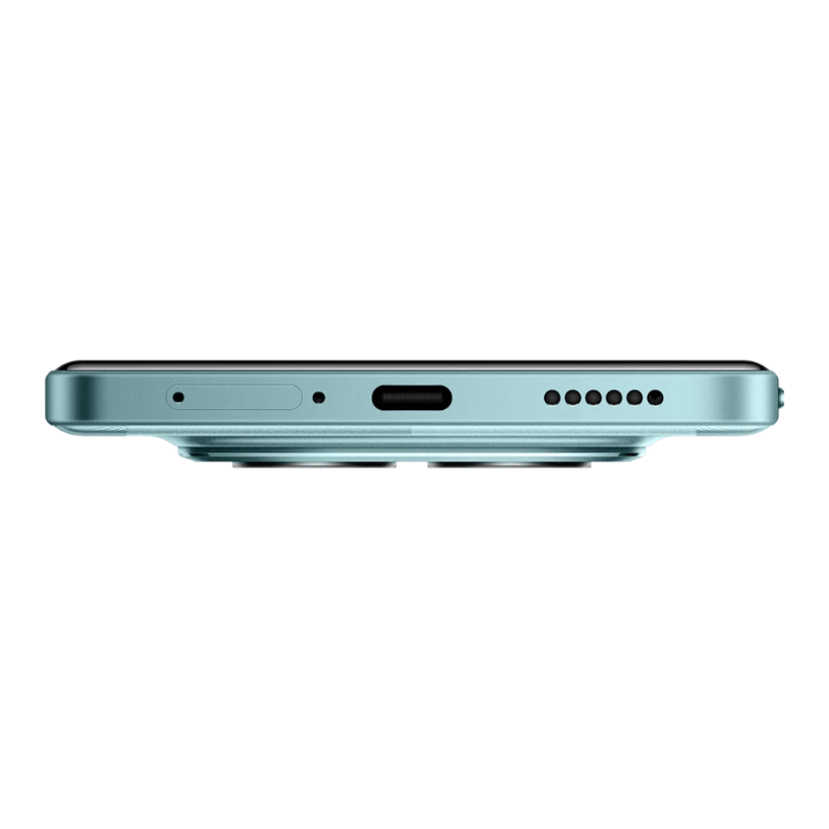 Poco M8 Pro 5G, verde, vista lateral, com várias aberturas para altifalantes e câmara.