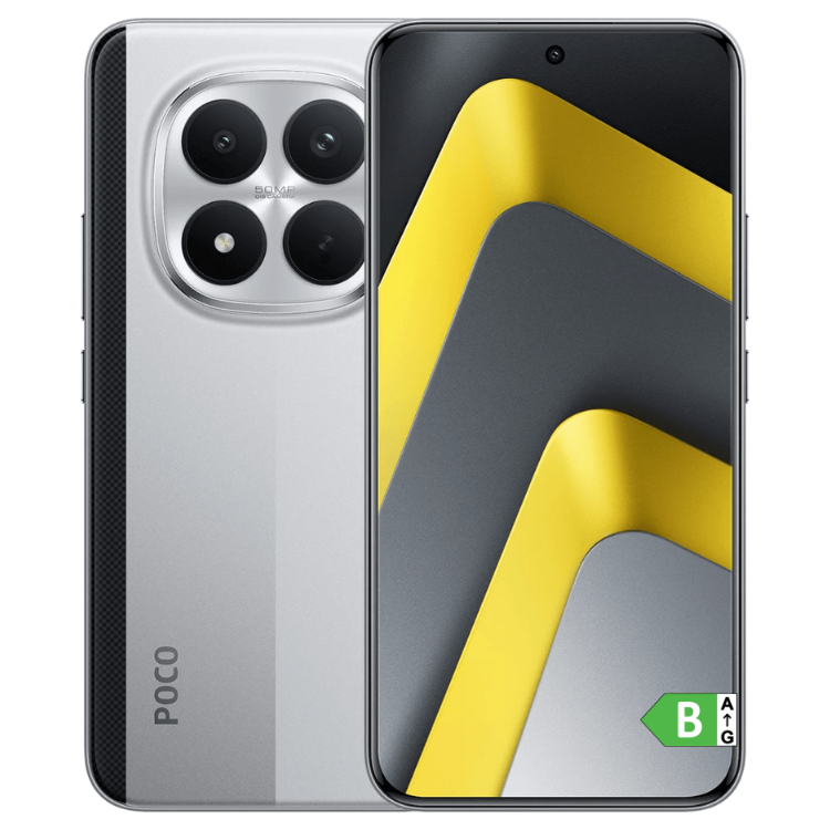 Poco M8 Pro 5G prata, vista frontal e traseira com quatro câmeras e ecrã com linhas amarelas.