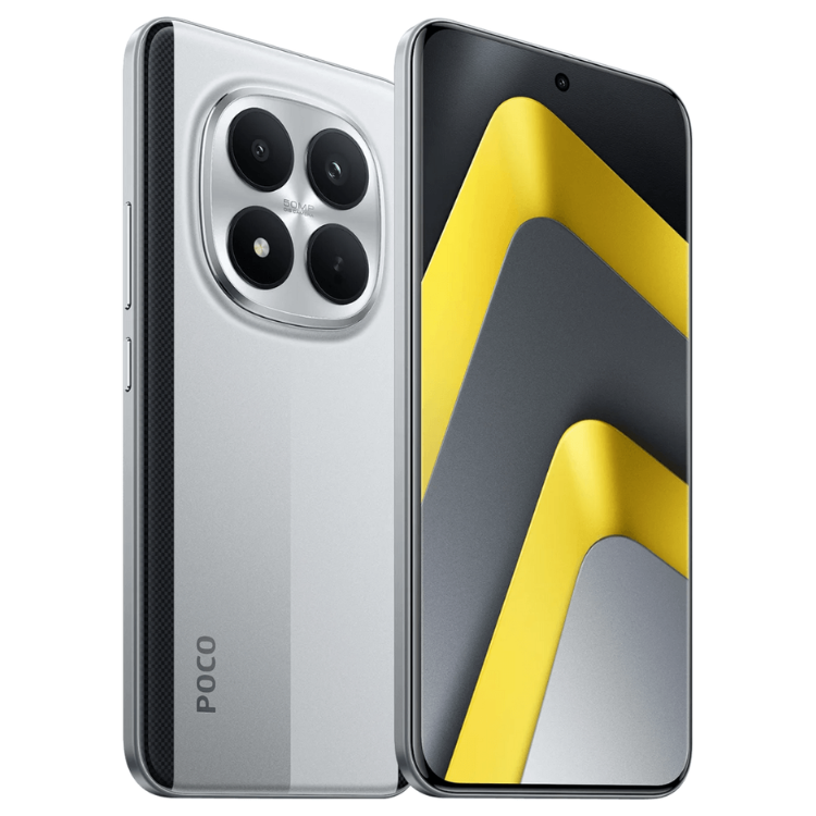 Poco M8 Pro 5G prata, vista frontal e traseira com quatro câmeras.