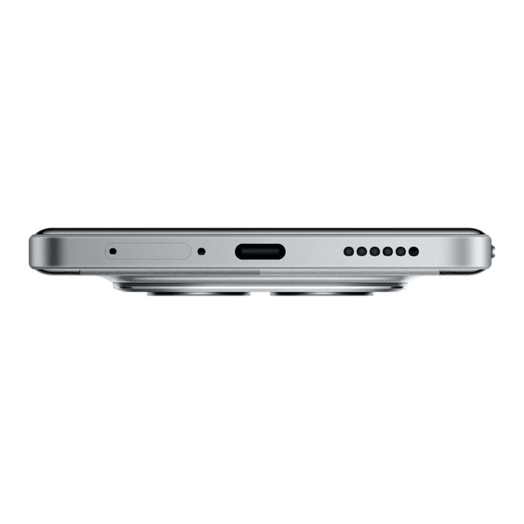 Poco M8 Pro 5G prata, vista lateral com detalhes de entradas e saídas.