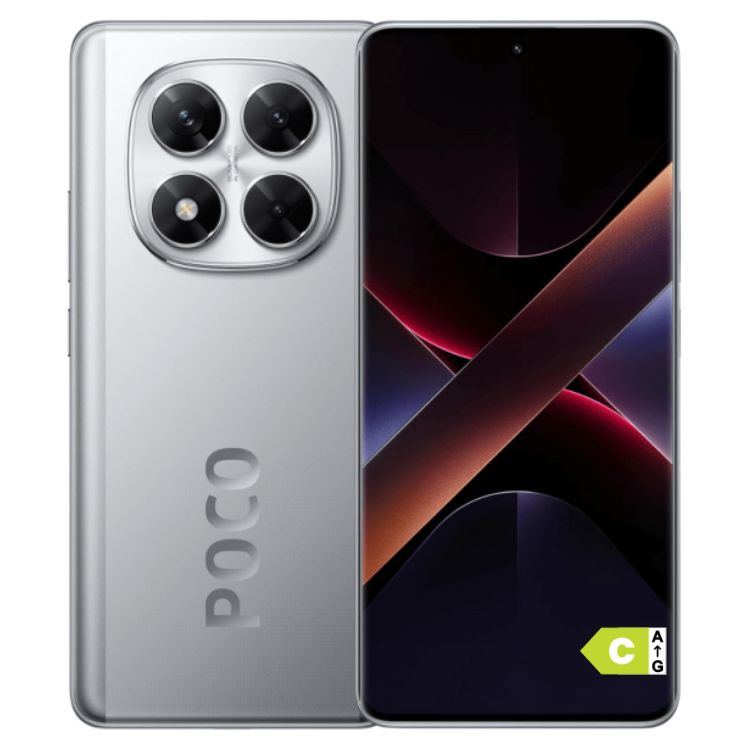 Smartphone POCO X7 5G prata, 12GB/512GB, câmara quádrupla e ecrã com imagem abstrata.