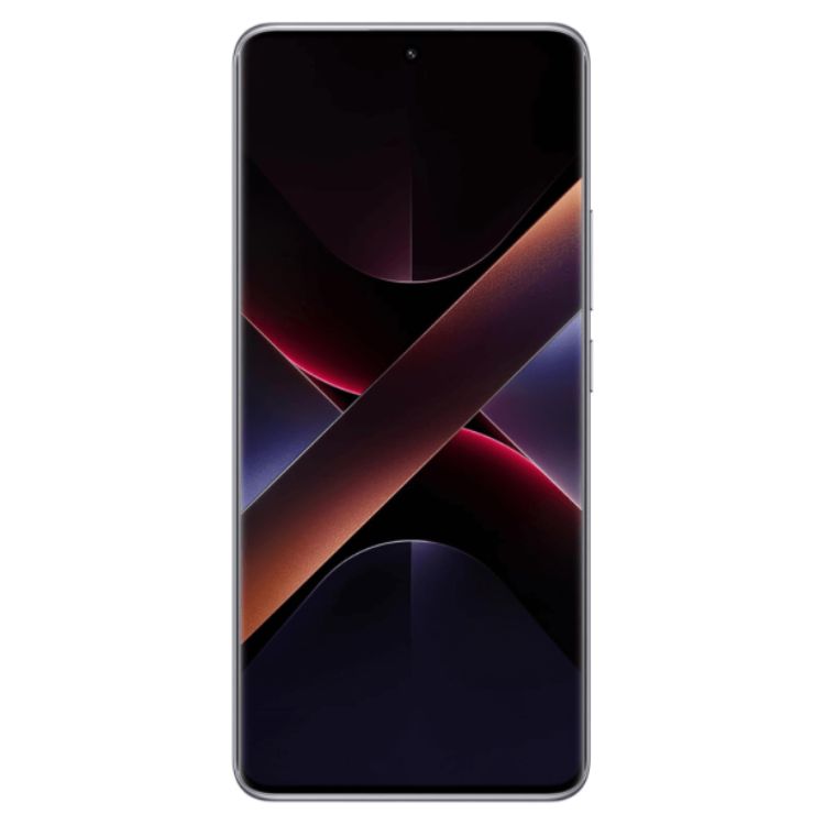 Smartphone Poco X7 5G prata, com ecrã escuro e linhas coloridas.