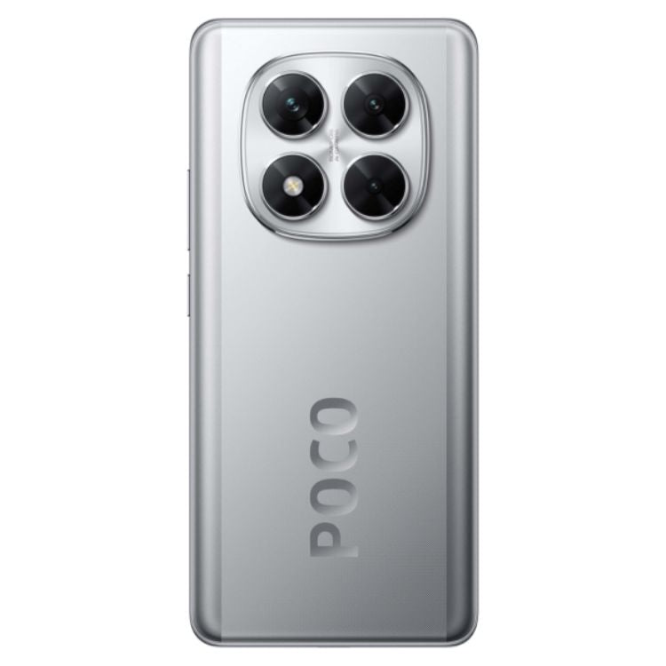 Smartphone POCO X7 5G prata com quatro câmeras traseiras e logotipo POCO gravado.