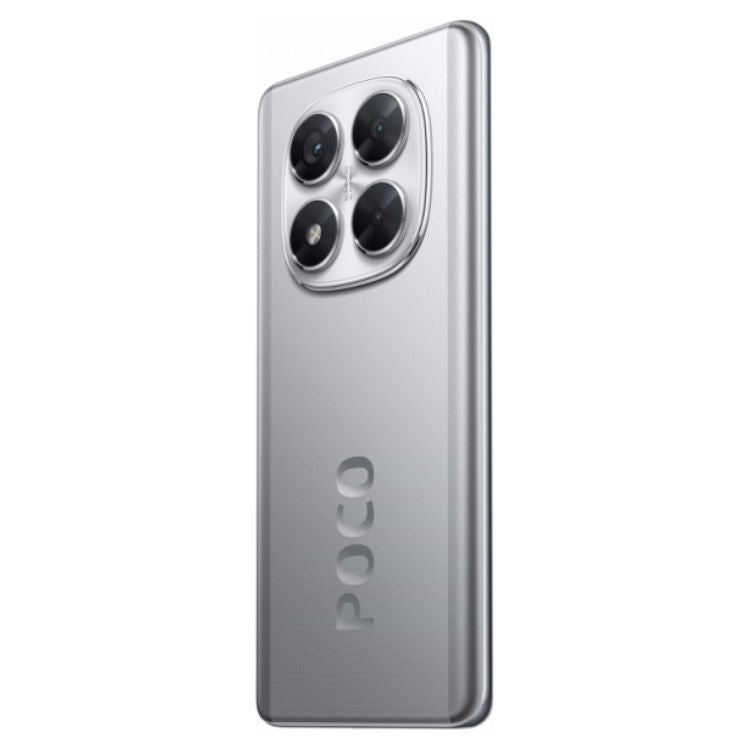 Smartphone POCO X7 5G prata com quatro câmeras traseiras.