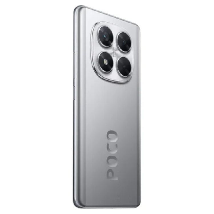 Smartphone POCO X7 5G prata, 4 câmeras traseiras, logotipo POCO gravado na parte inferior.