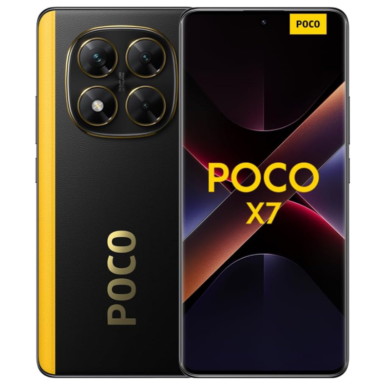 Smartphone POCO X7 5G preto, 12GB/512GB, câmara quádrupla, ecrã ligado.