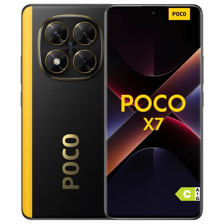 Smartphone POCO X7 5G preto, 12GB/512GB, câmara quádrupla, ecrã ligado.