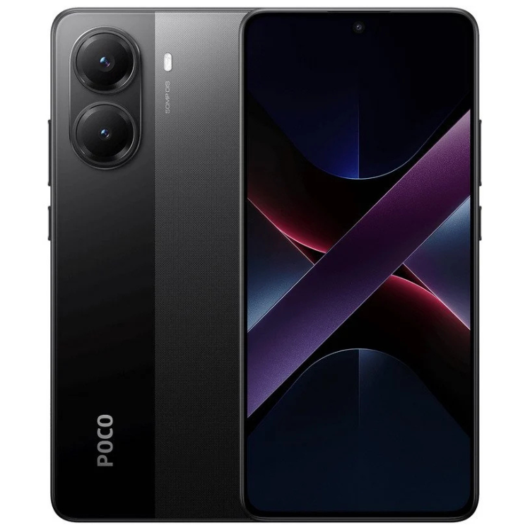 Smartphone Poco X7 Pro 5G preto, com duas câmaras e ecrã colorido.