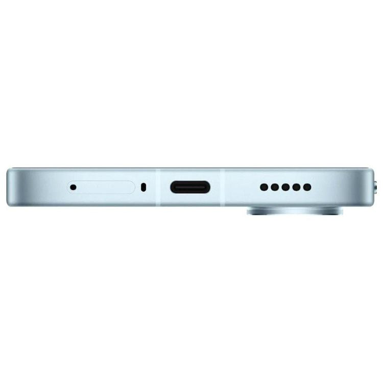 Poco X8 Pro Max 5G, azul, vista lateral com várias entradas e furos para microfones e altifalantes.