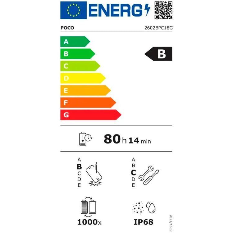 Etiqueta energética do smartphone POCO, classificação B, bateria 80h 14min, resistência IP68.