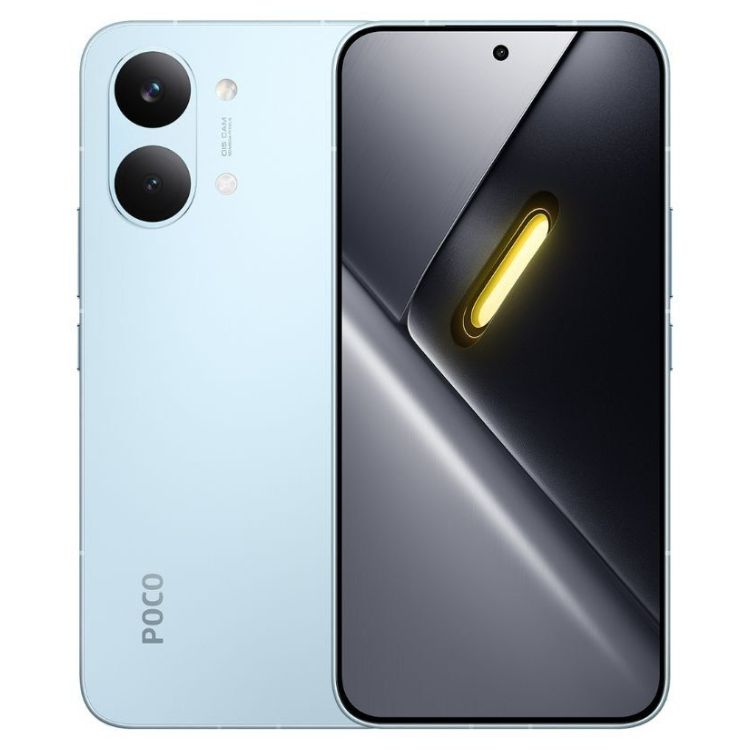 Smartphone Poco X8 Pro Max 5G azul, com duas câmeras na parte de trás e ecrã aceso com luz amarela.