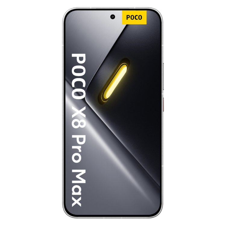 Smartphone POCO X8 Pro Max, cor branca, com ecrã preto e logótipo POCO a amarelo.