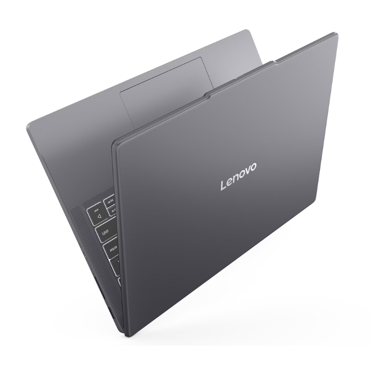 Lenovo IdeaPad Slim 3 laptop, grey, 14-inch, angled view showing ports.