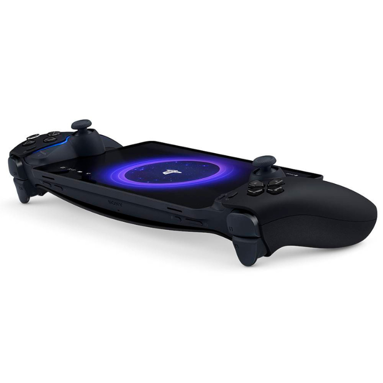 Sony PlayStation Portal handheld game console, black, with glowing blue light.