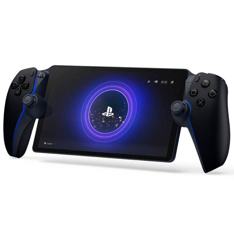 Sony PlayStation Portal handheld game console, black, with dual controllers attached.