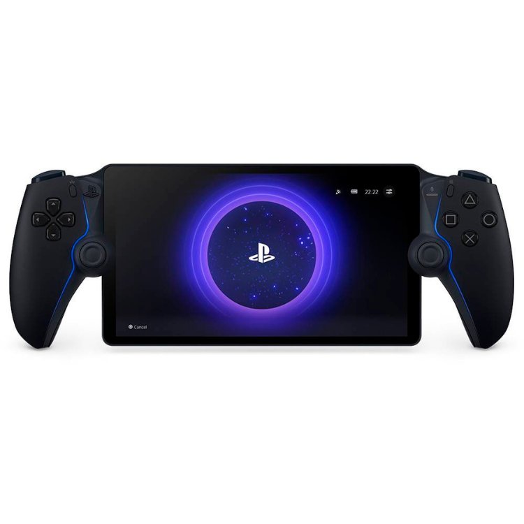 Sony PlayStation Portal handheld game console, black, with dual controllers attached, displaying purple-lit PS logo on screen.