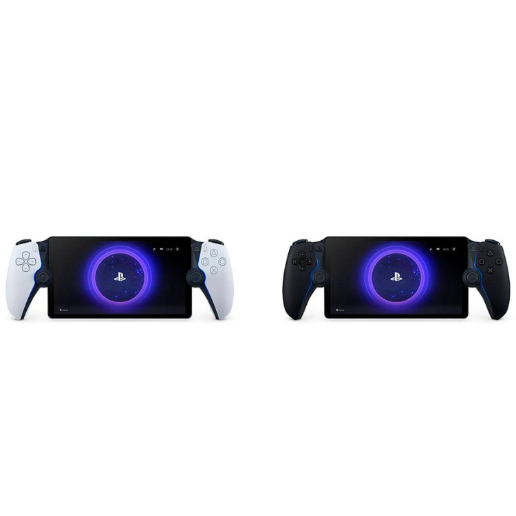 Sony PlayStation Portal handheld game console, black, with PS5 controller attached.