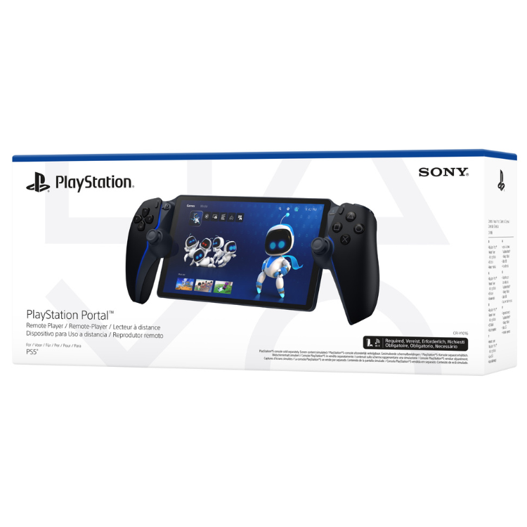 Sony PlayStation Portal black remote player box with device and controllers.