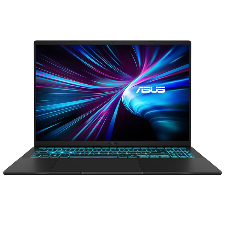 Black Asus gaming laptop with 16-inch display, blue keyboard backlight and colorful wallpaper.